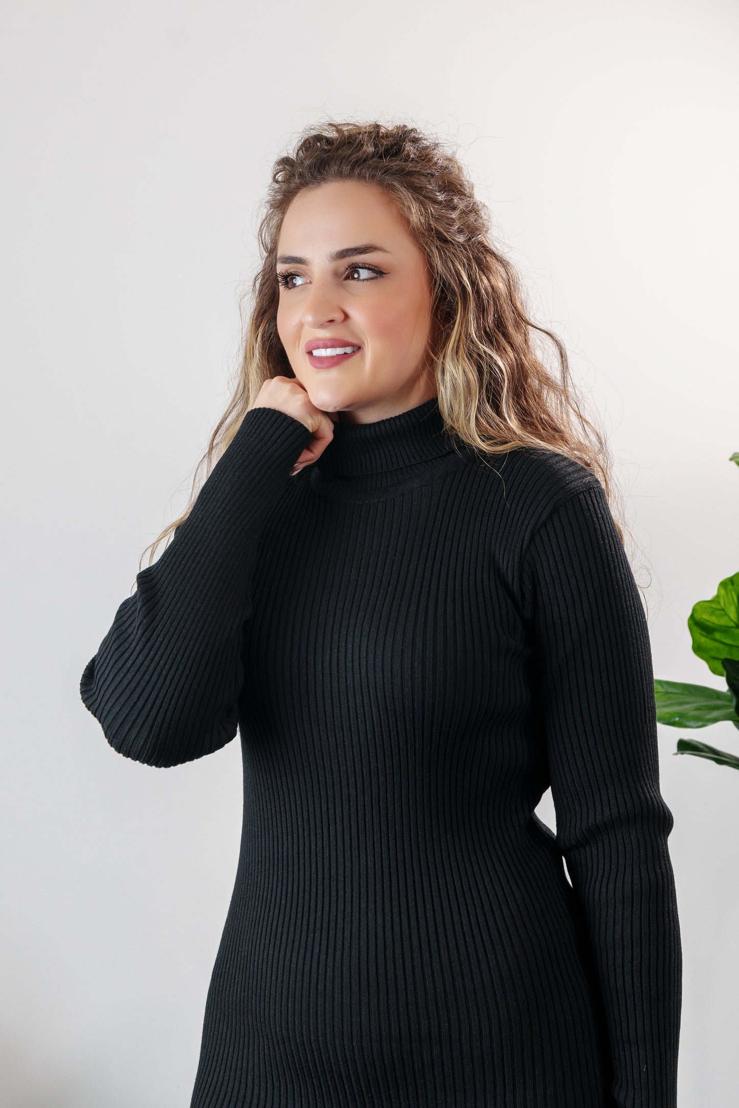 Women's High Neck Ribbed Midi Dress