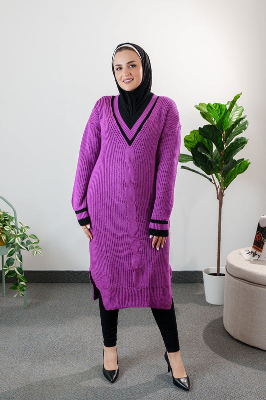 Women's Oversized Knit Cardigan with Contrast Stripes