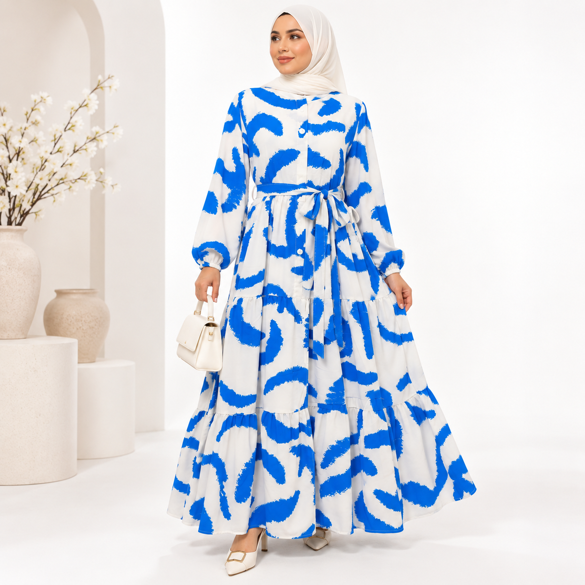 Blue & White Printed Maxi Dress