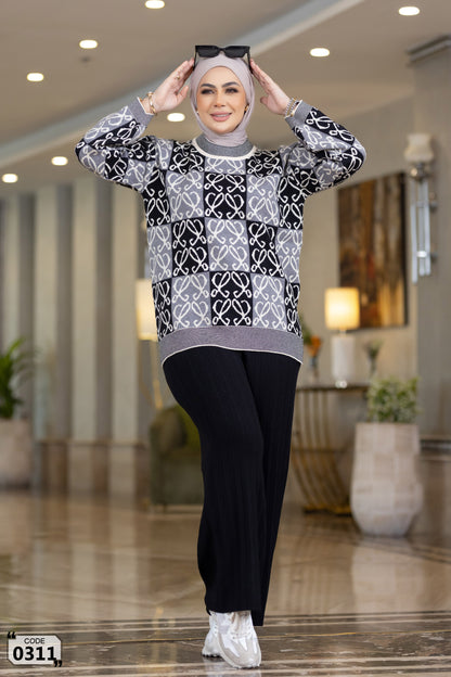 Checkerboard heart pattern sweater set