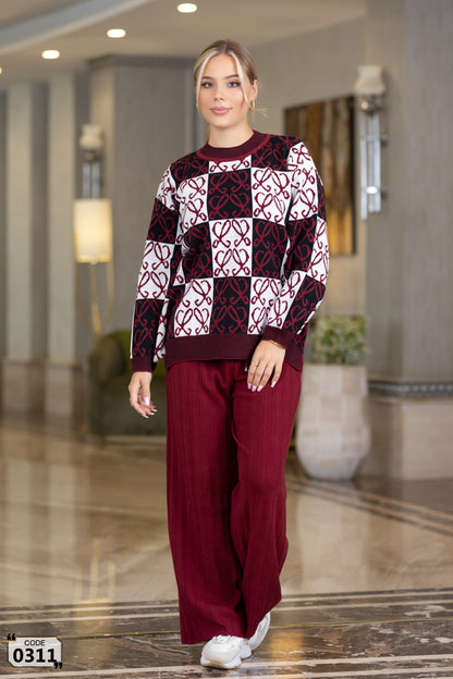 Checkerboard heart pattern sweater set