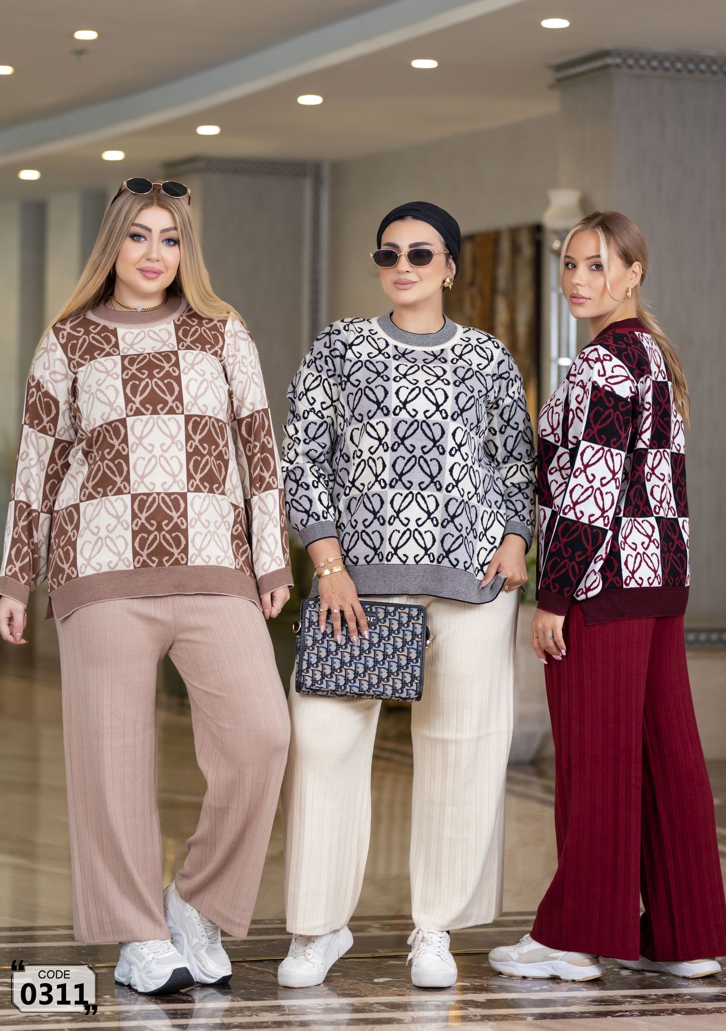 Checkerboard heart pattern sweater set