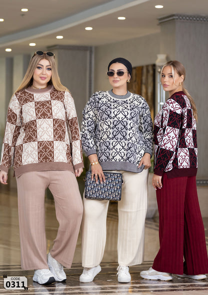 Checkerboard heart pattern sweater set