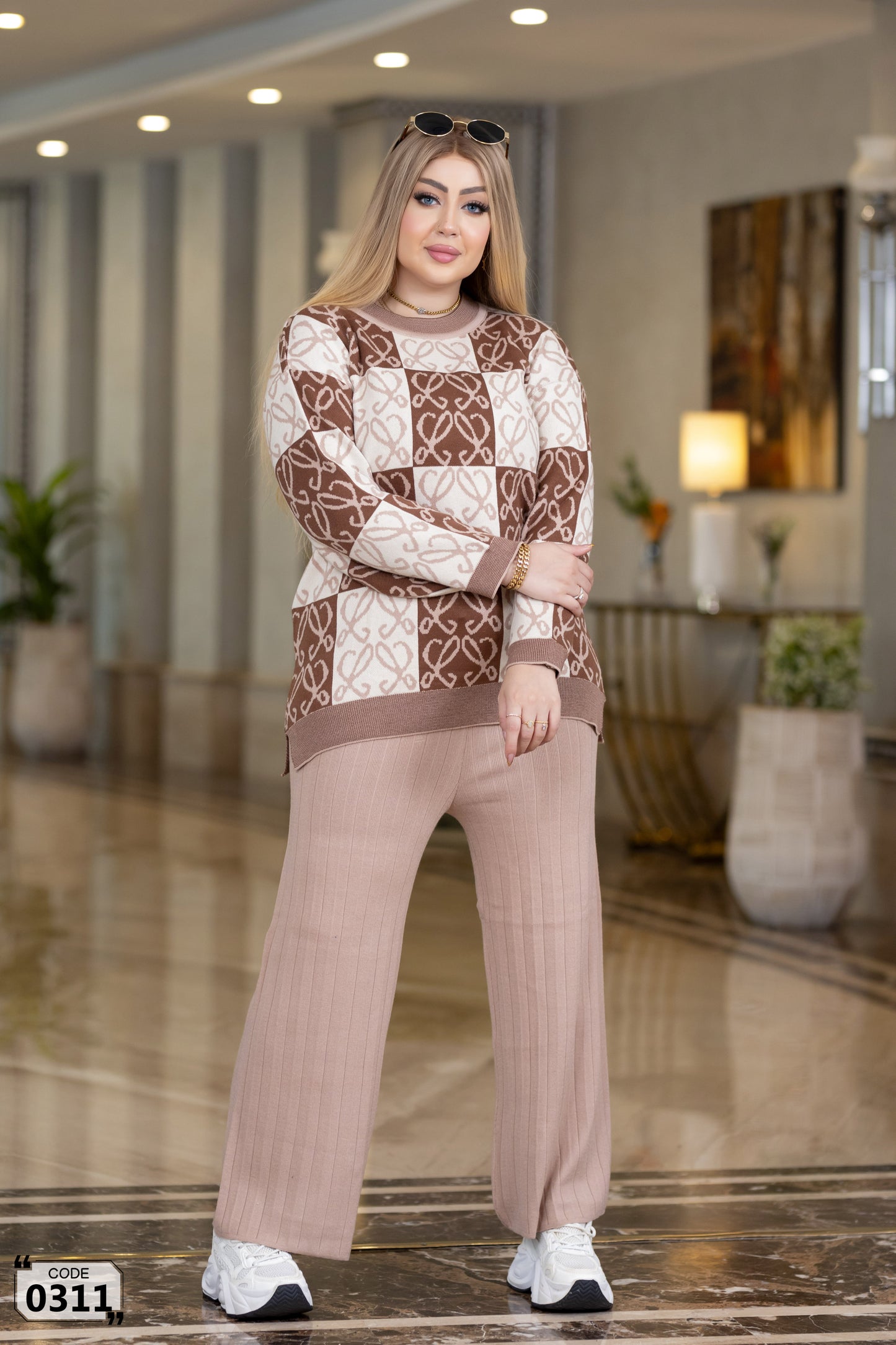 Checkerboard heart pattern sweater set