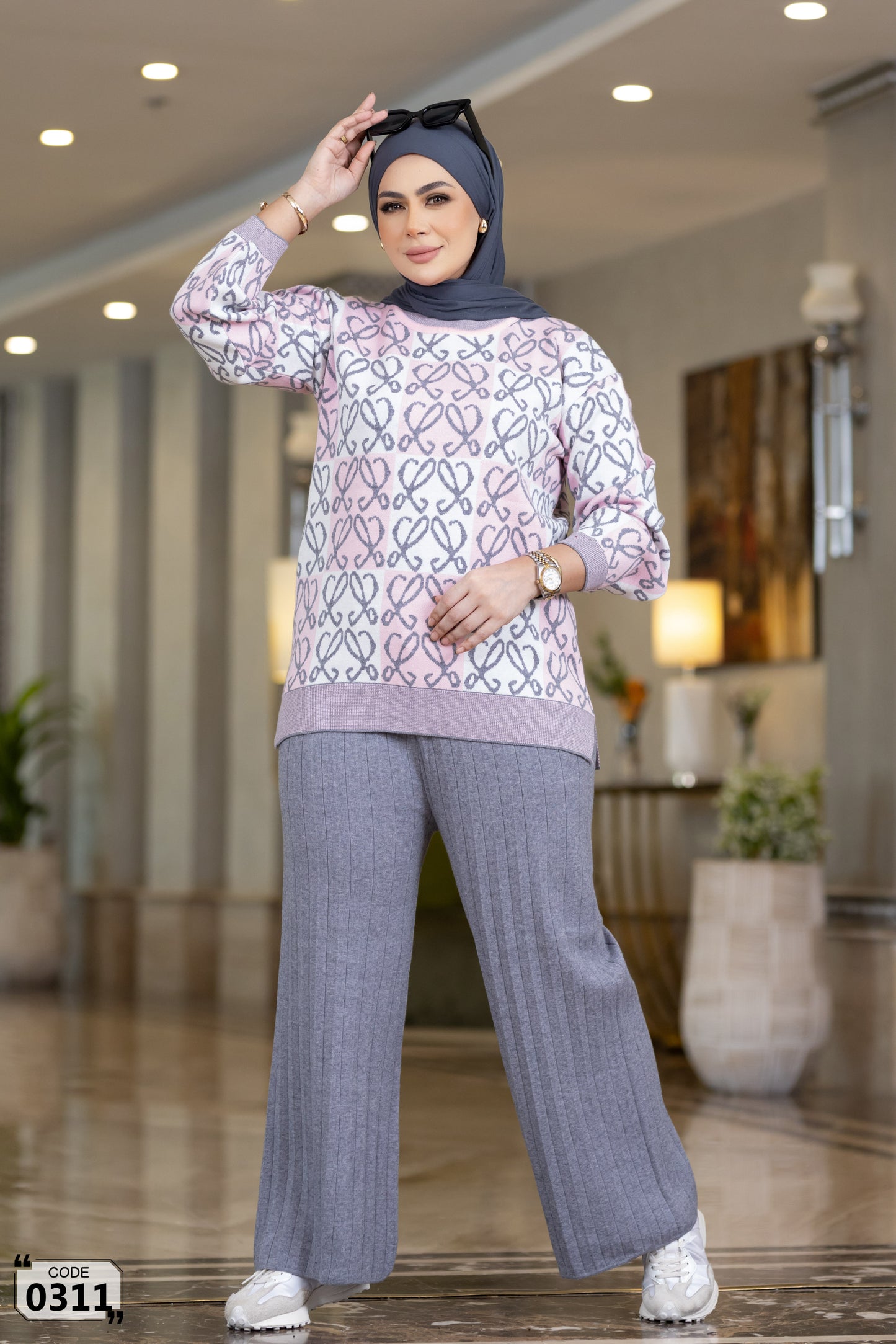 Checkerboard heart pattern sweater set