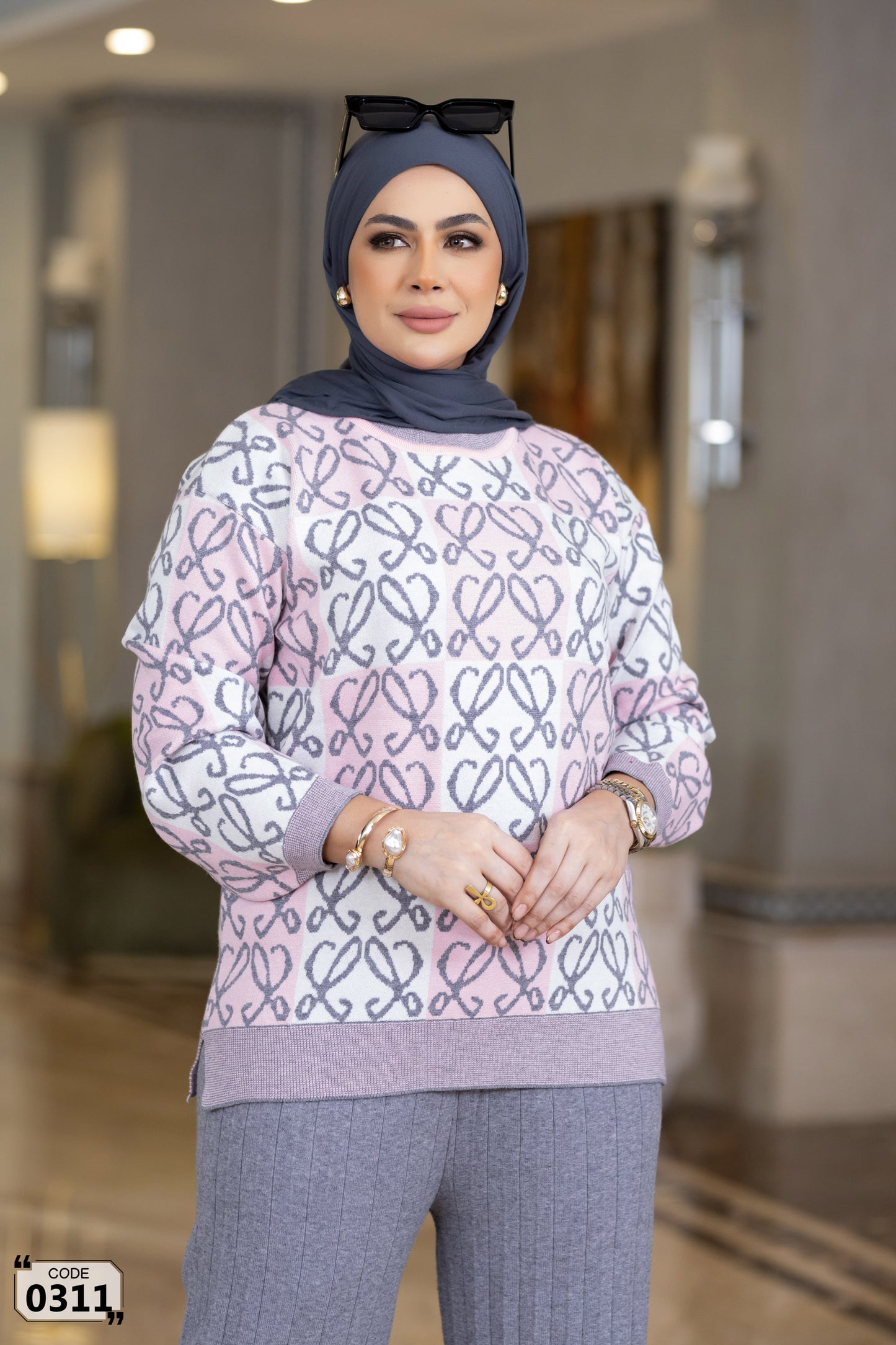 Checkerboard heart pattern sweater set