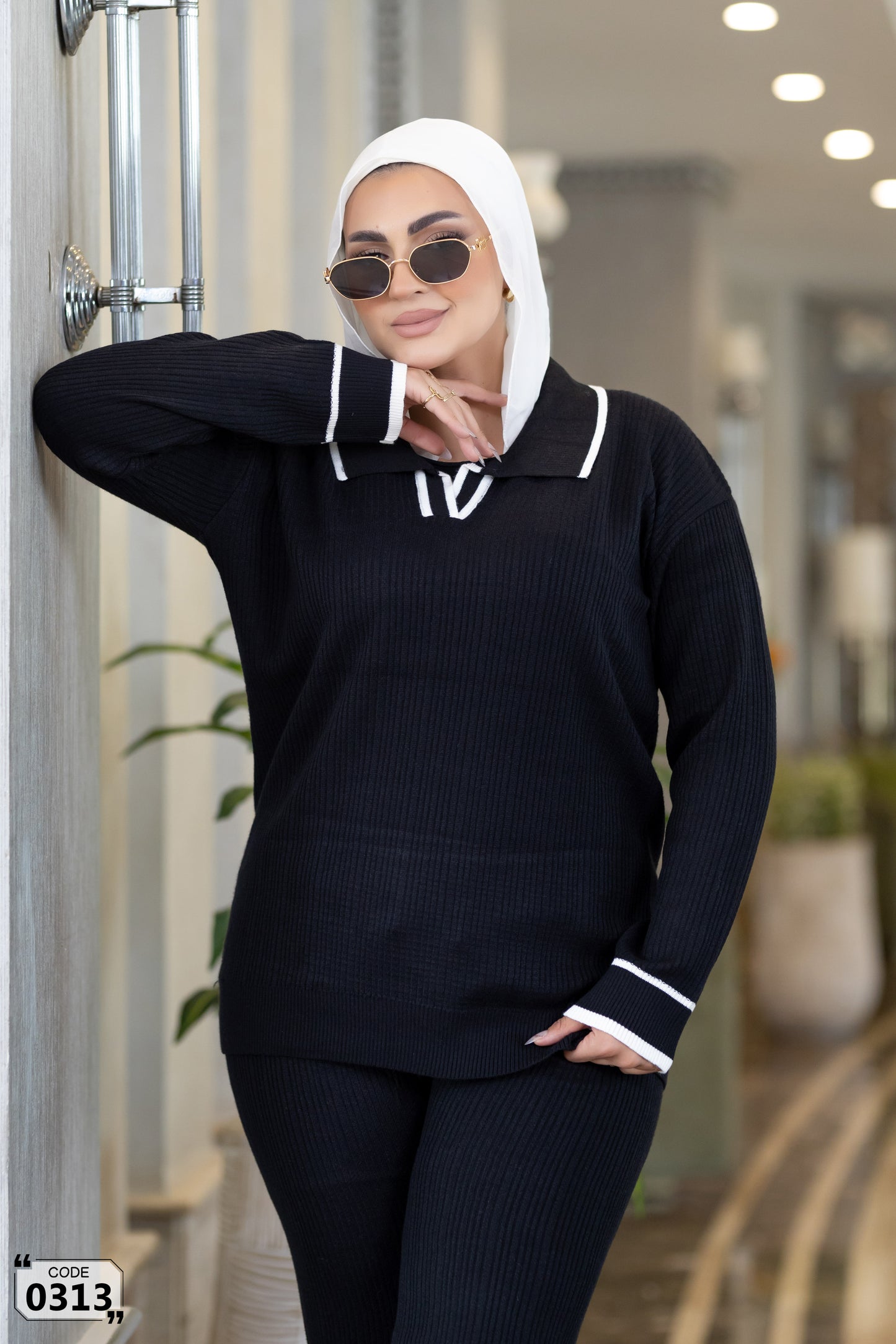 Ribbed white line collar Set