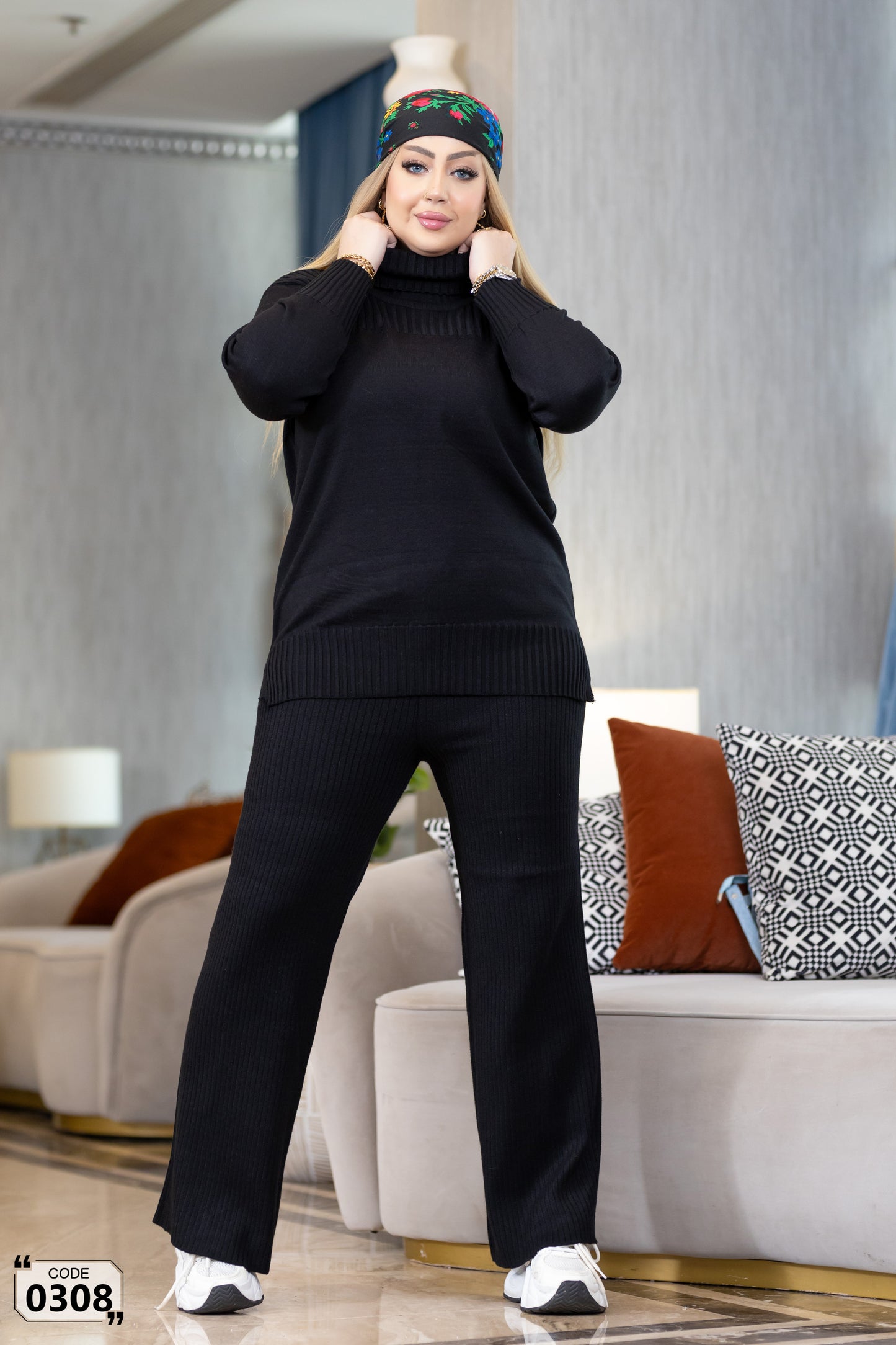 Hoddied  plain ribbed high collar Set