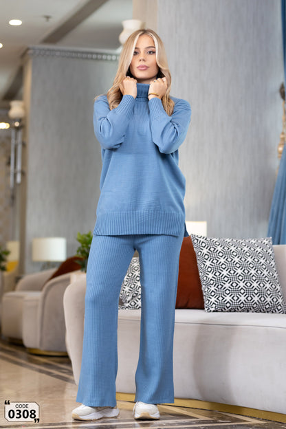 Hoddied  plain ribbed high collar Set