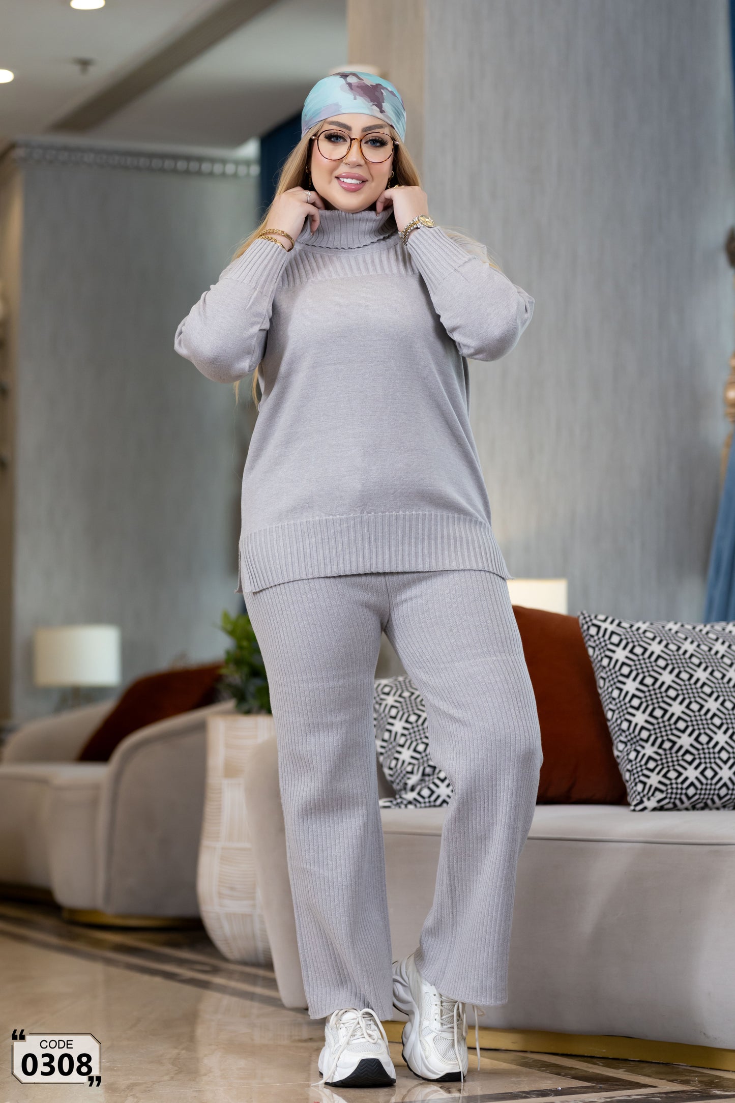 Hoddied  plain ribbed high collar Set