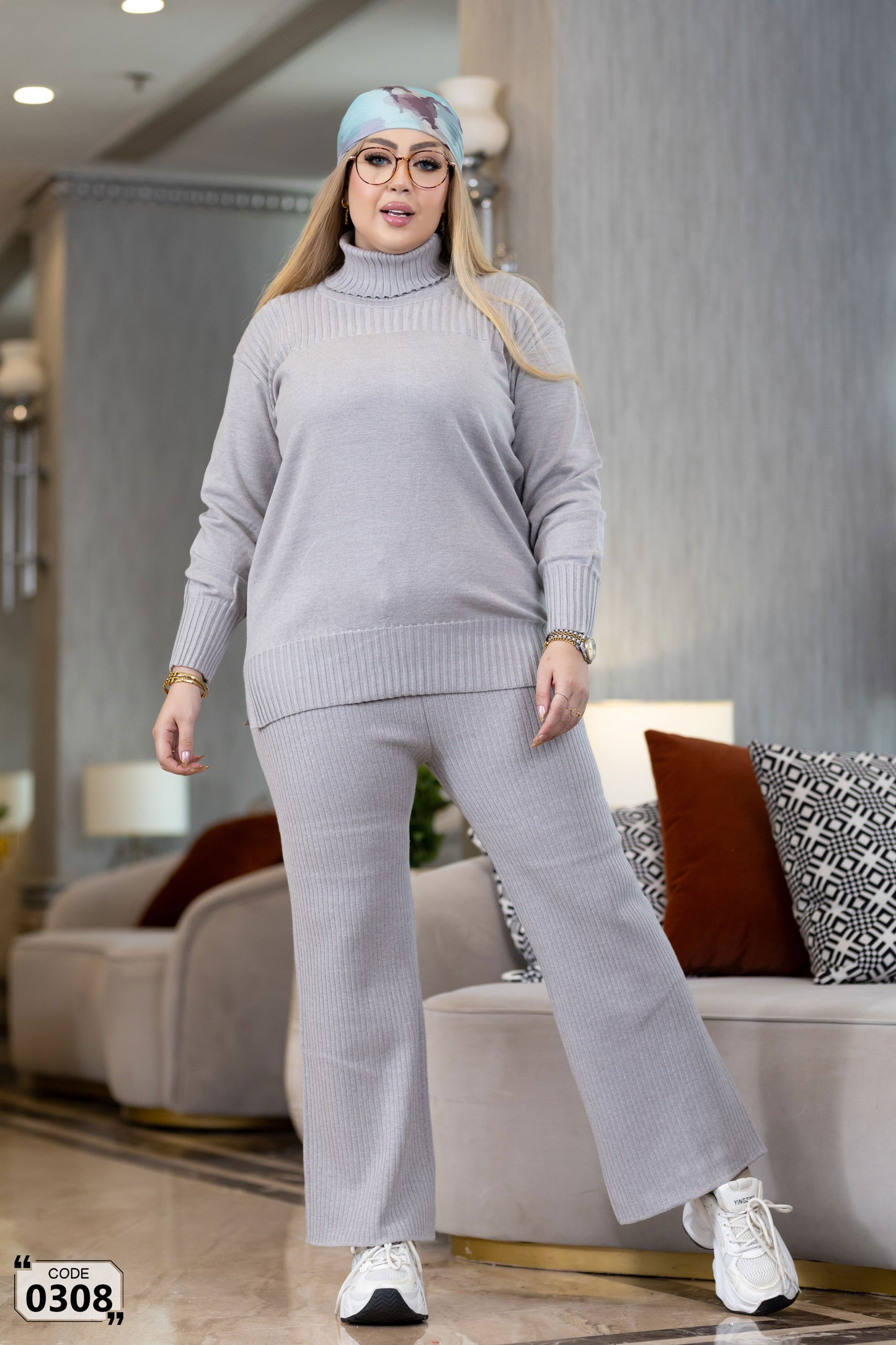 Hoddied  plain ribbed high collar Set