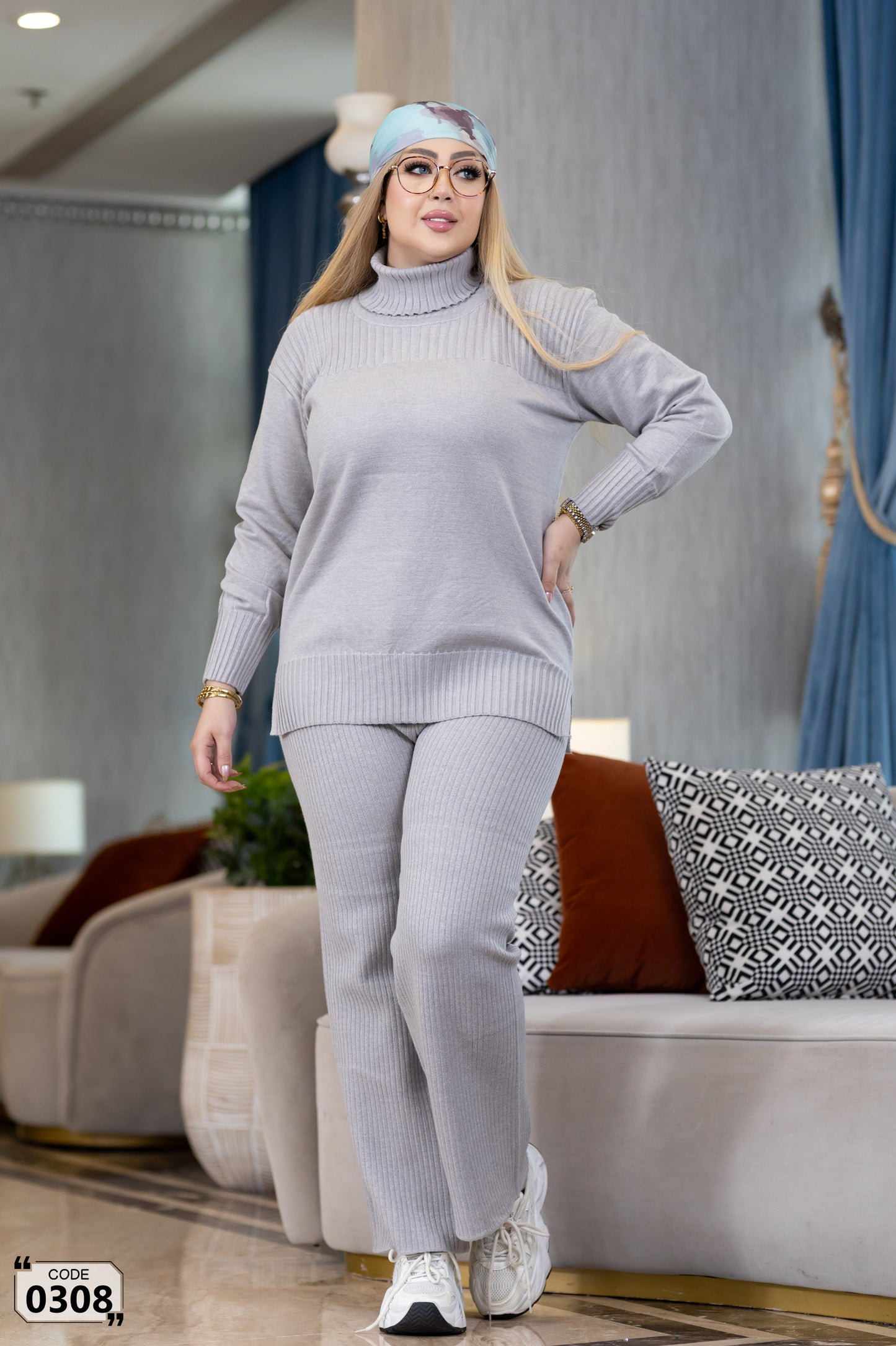 Hoddied  plain ribbed high collar Set