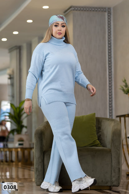 Hoddied  plain ribbed high collar Set