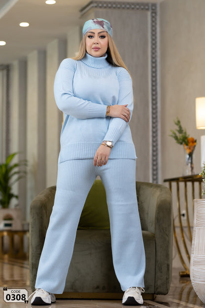 Hoddied  plain ribbed high collar Set