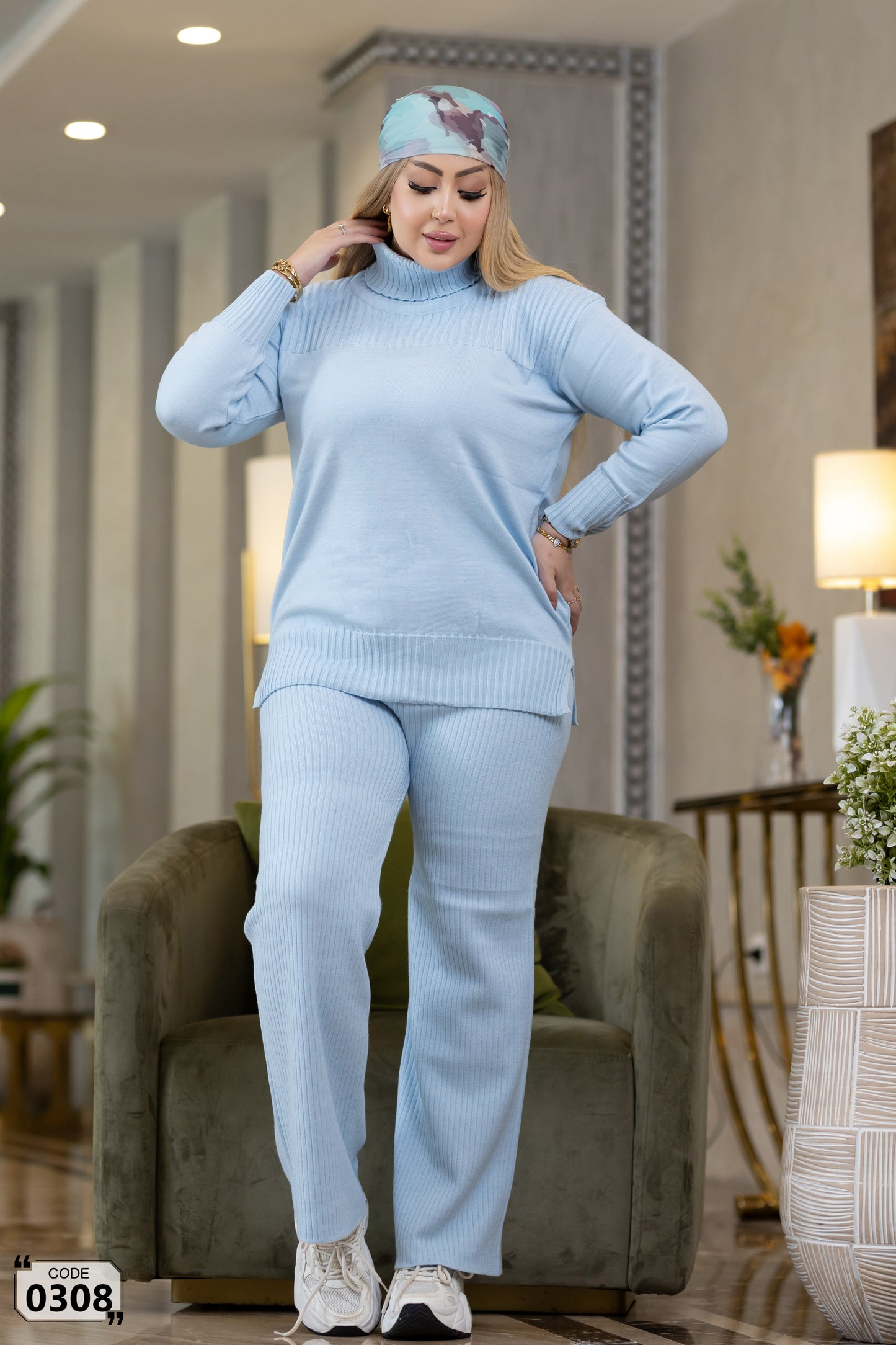 Hoddied  plain ribbed high collar Set