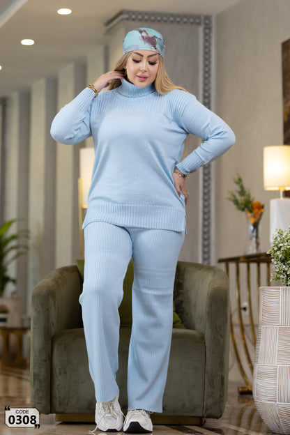 Hoddied  plain ribbed high collar Set