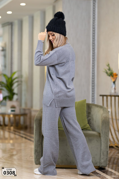 Hoddied  plain ribbed high collar Set