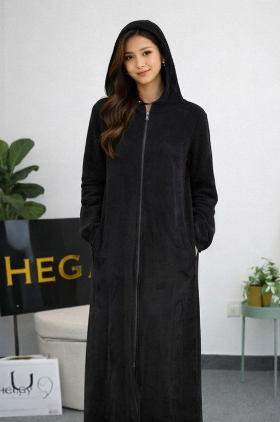 Luxury Hooded Zip-Front Maxi Dress