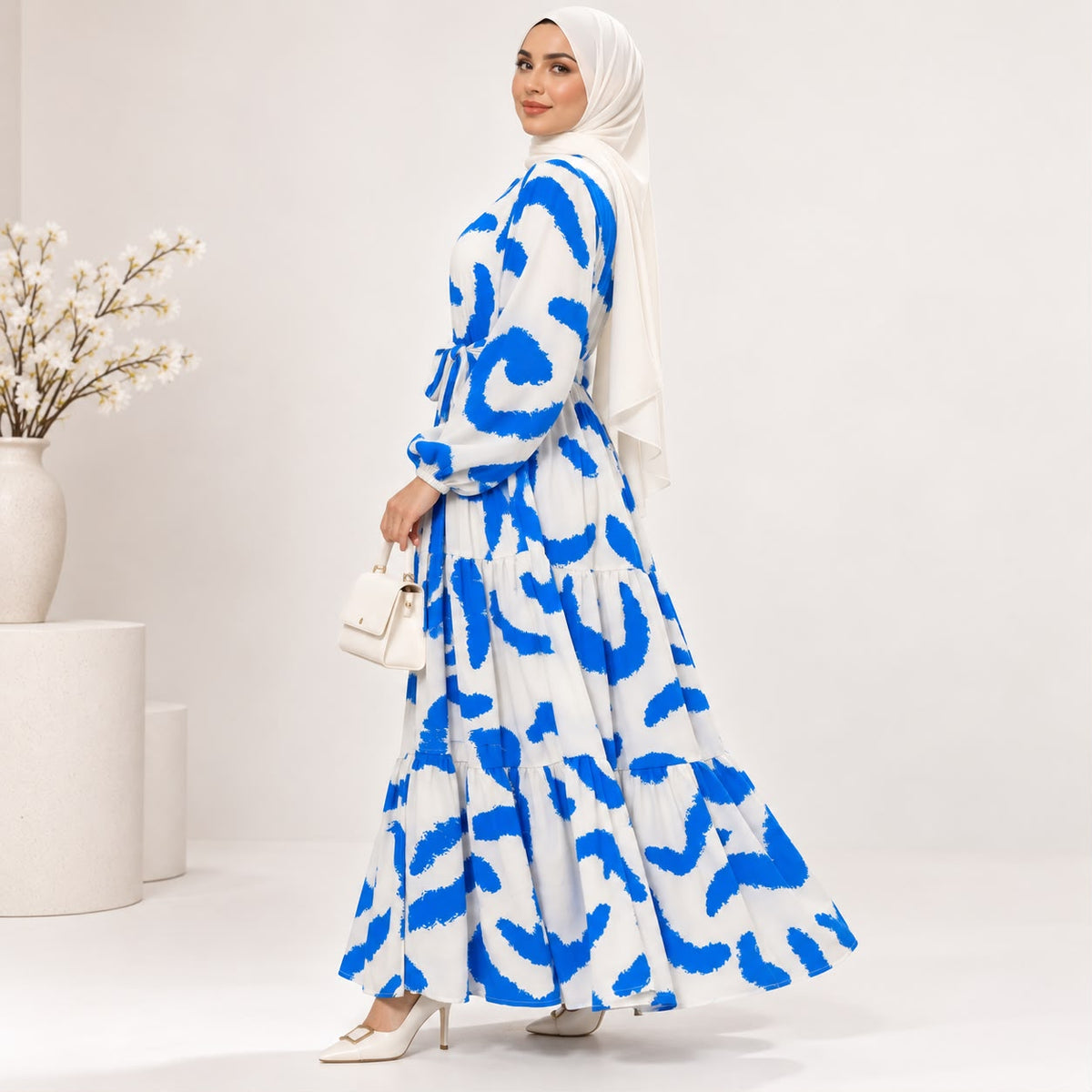 Blue & White Printed Maxi Dress