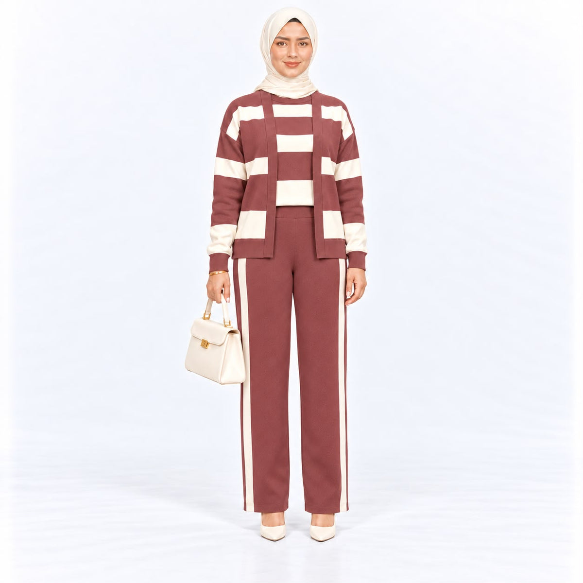 Three- piece Striped Cardigan Knit set