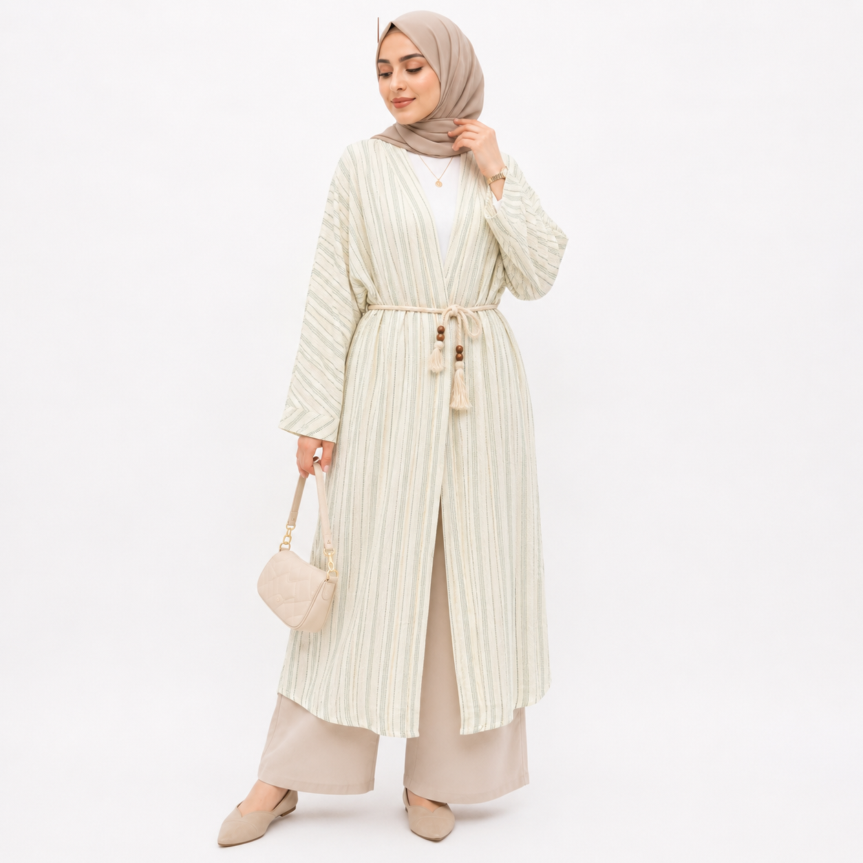 Stripe Tassel Belt Open Abaya