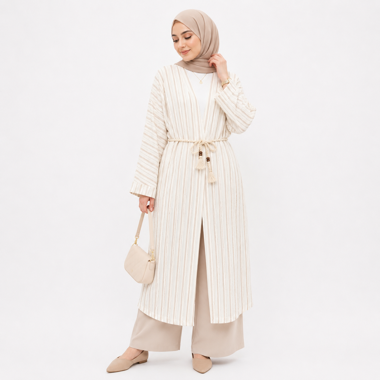 Stripe Tassel Belt Open Abaya