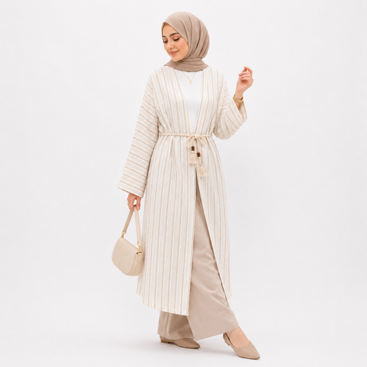 Stripe Tassel Belt Open Abaya