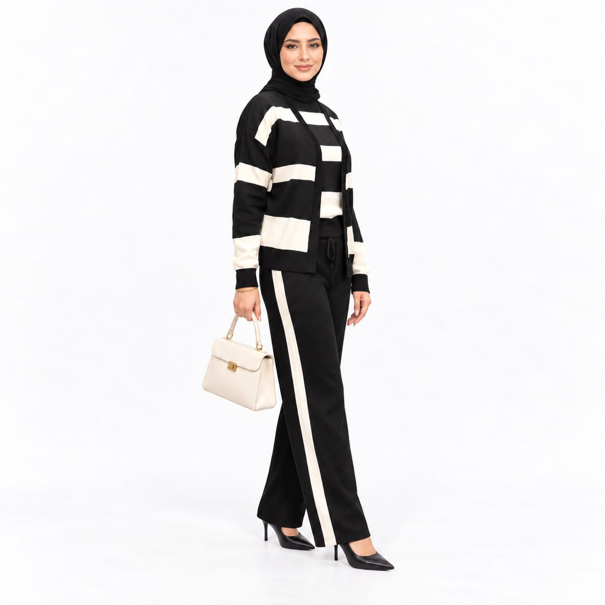 Three- piece Striped Cardigan Knit set
