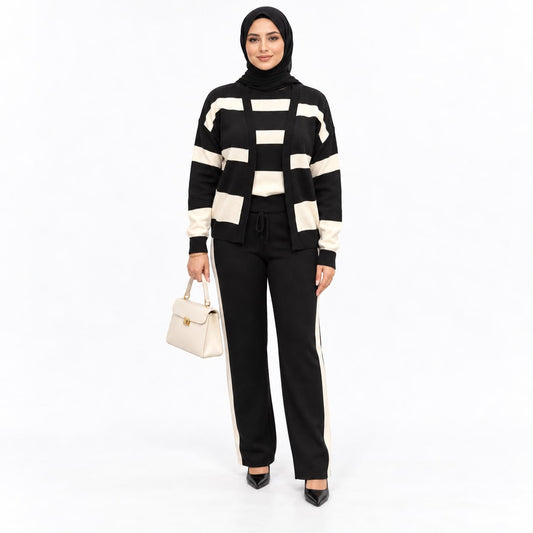 Three- piece Striped Cardigan Knit set
